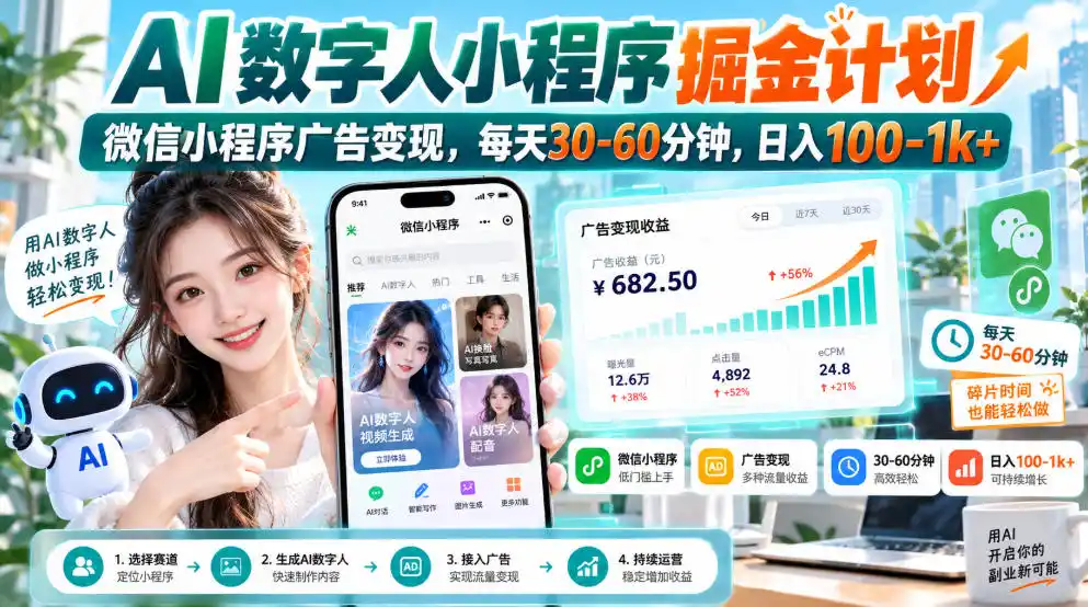 【无水印】AI数字人小程序掘金计划，微信小程序广告变现，每天30‑60分钟，日入100‑1k+-云网创