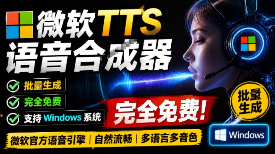 微软TTS免费语音配音生成器，完全免费，支持多语音、多音色选择，Windows系统专用TTS语音合成器-云网创