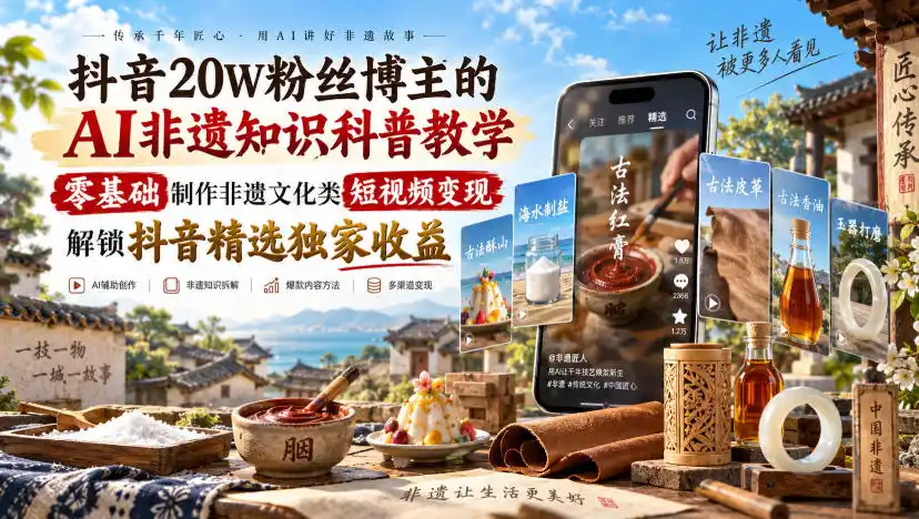 抖音20W粉丝博主的AI非遗知识科普教学，零基础制作非遗文化类短视频变现，解锁抖音精选独家收益-云网创