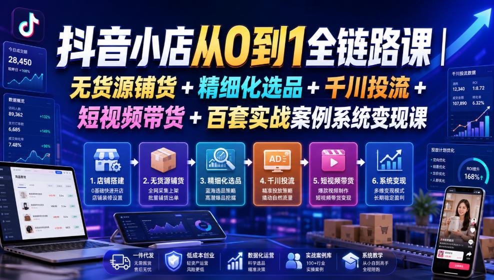 抖音小店从0到1全链路课|无货源铺货+精细化选品+千川投流+短视频带货+百套实战案例系统变现课(2026年7月更新)-云网创
