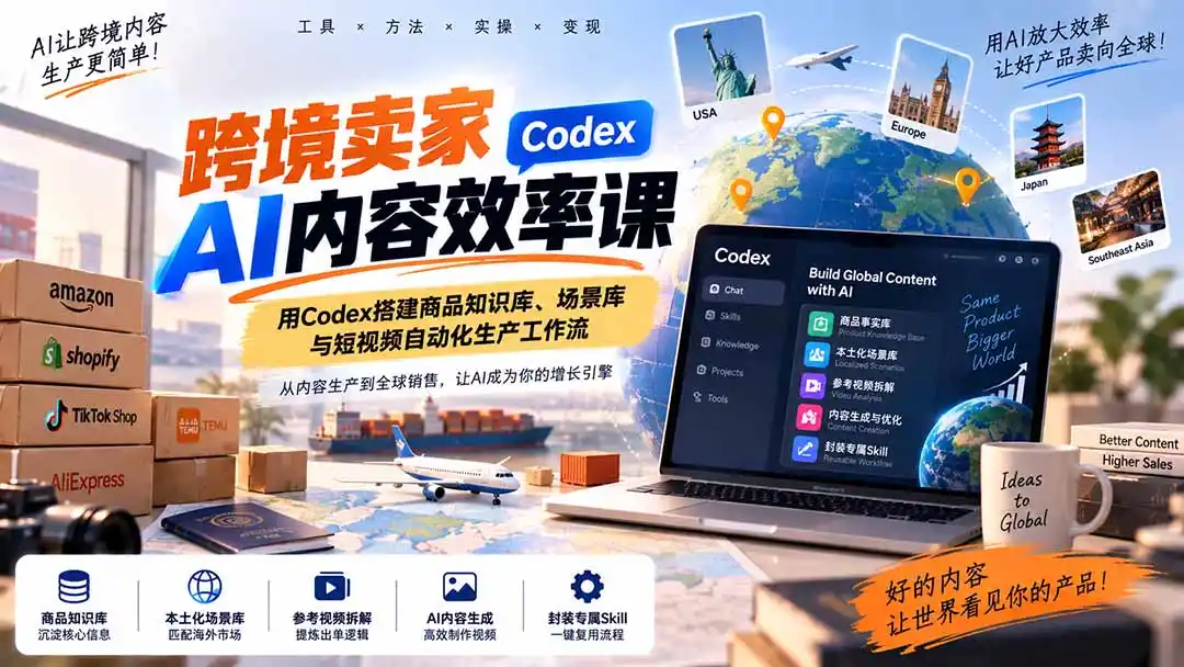 跨境卖家AI内容效率课：用Codex搭建商品知识库、场景库与短视频自动化生产工作流-云网创