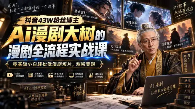 抖音43W粉丝博主Ai漫剧大树的漫剧制作全流程实战课,零基础小白轻松做漫剧短片,涨粉变现(更新1027)-云网创