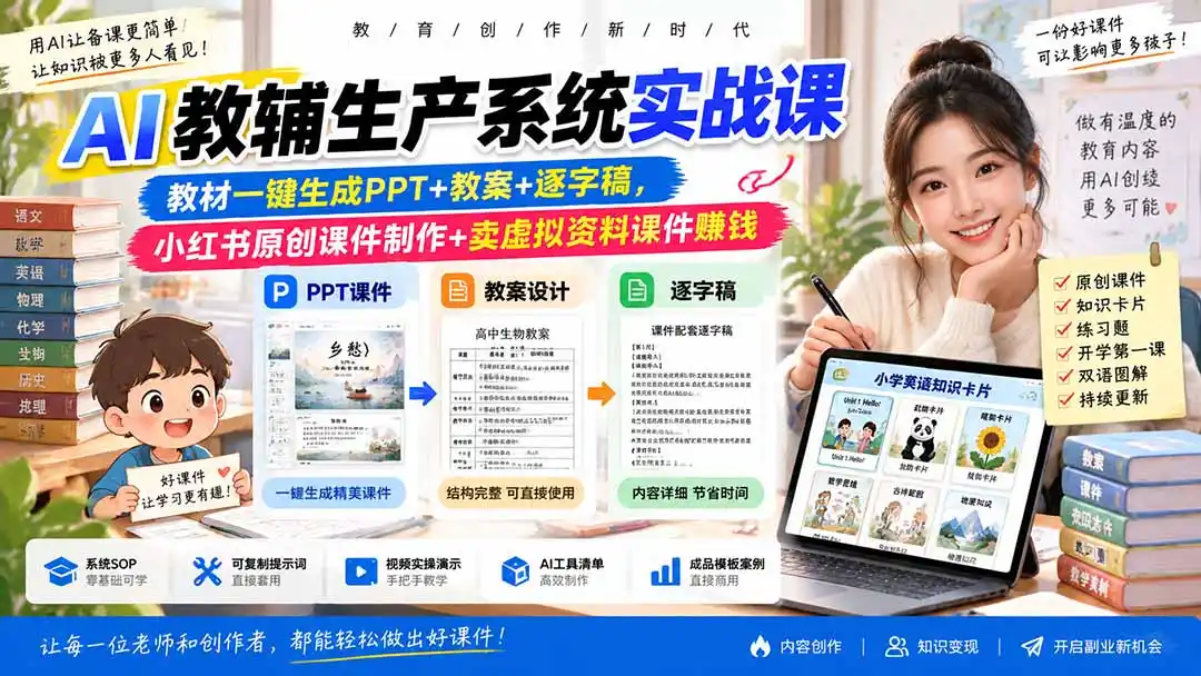 AI教辅生产系统实战课-更新0926|教材一键生成PPT+教案+逐字稿,小红书原创课件制作+卖虚拟资料课件赚钱-云网创