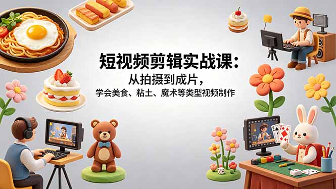 短视频剪辑实战课：从拍摄到成片，学会美食、粘土、魔术等类型视频制作-云网创