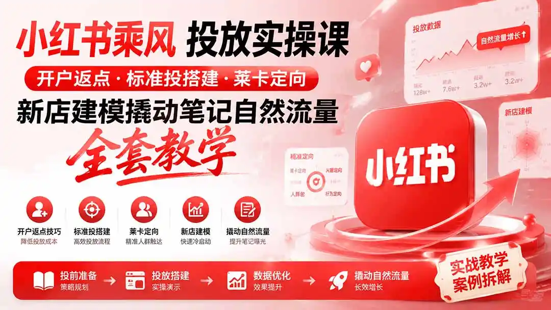 小红书乘风投放-100分钟实操课｜开户返点·标准投搭建·莱卡定向，新店建模撬动笔记自然流量全套教学-云网创