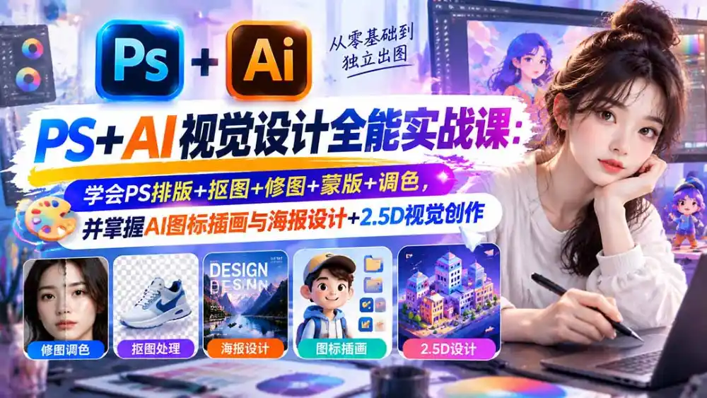 【无水印】PS+AI视觉设计全能实战课：学会PS排版+抠图+修图+蒙版+调色，并掌握AI图标插画与海报设计+2.5D视觉创作-云网创