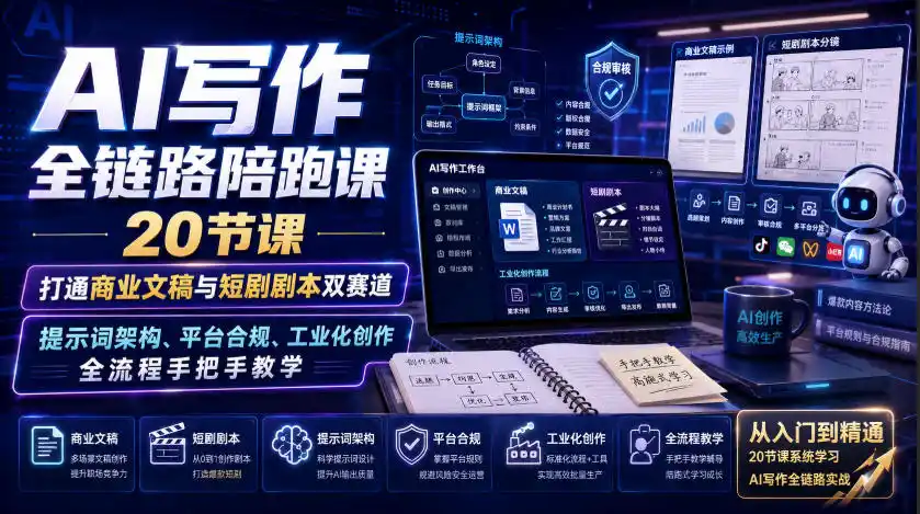 AI写作全链路陪跑课|20节课打通商业文稿与短剧剧本双赛道,提示词架构、平台合规、工业化创作全流程手把手教学-云网创