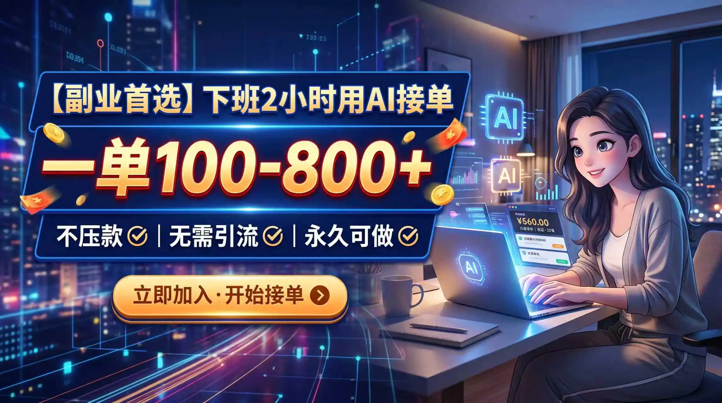 下班2小时用AI接单，一单100-800+，不压款，无需引流，永久可做-云网创
