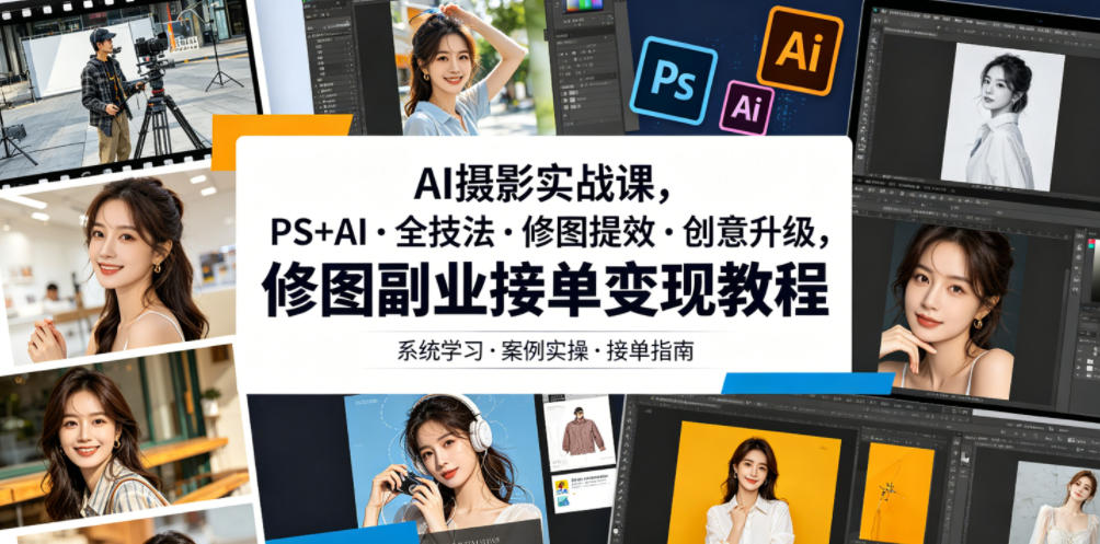 AI摄影实战课，PS+AI・全技法・修图提效・创意升级，修图副业接单变现教程-云网创