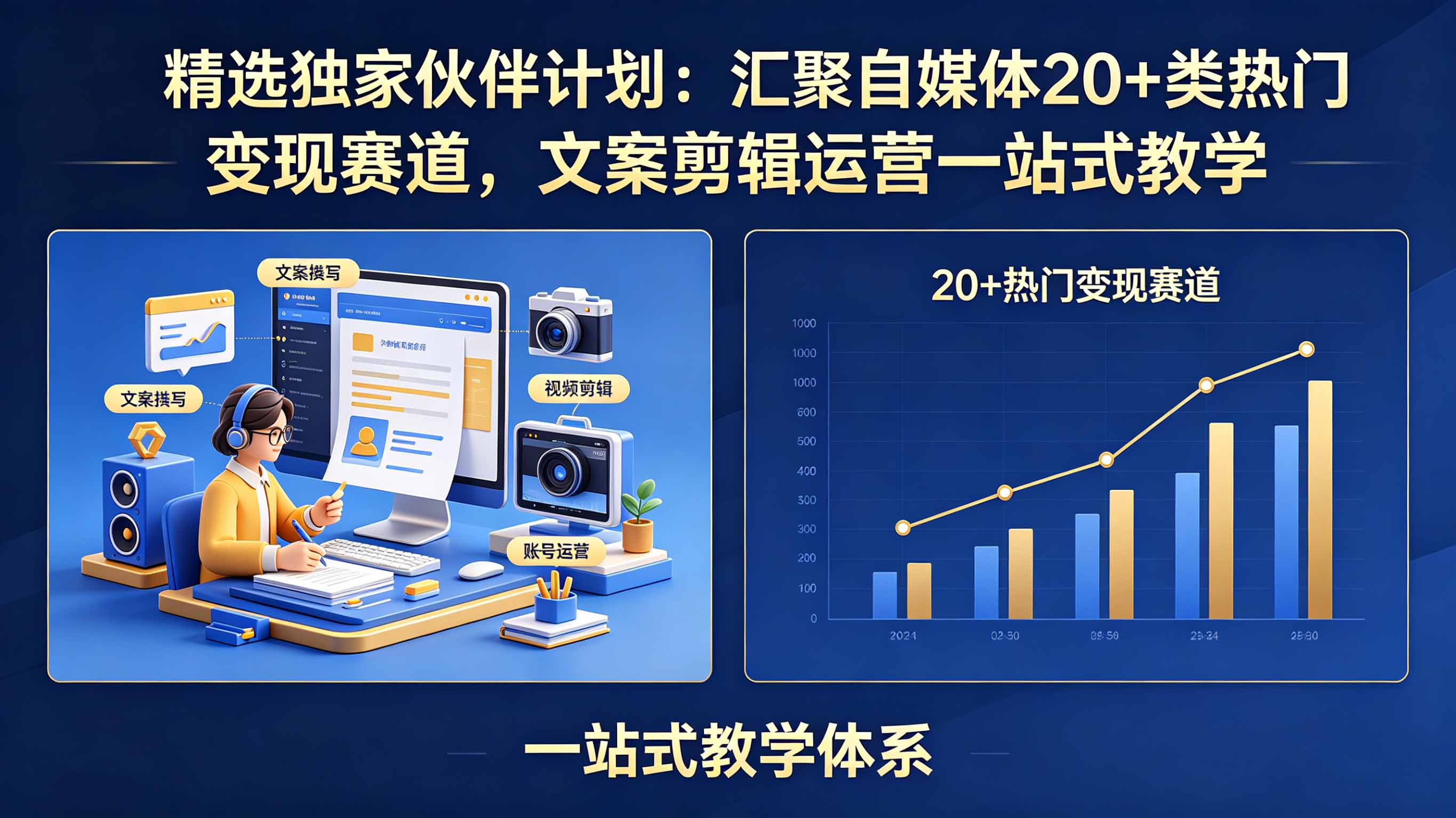 精选独家伙伴计划:汇聚自媒体20+类热门变现赛道,文案剪辑运营一站式教学