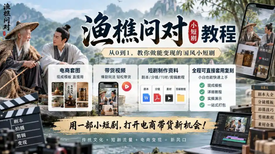 渔樵问对小短剧教程,包含电商套图、带货视频,短剧制作资料,全程可直接套用复刻-云网创