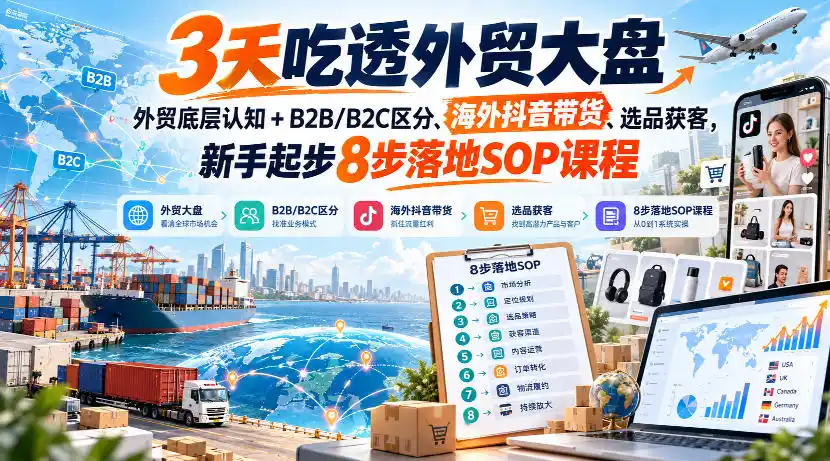 3天吃透外贸大盘，外贸底层认知+B2B/B2C区分、海外抖音带货、选品获客，新手起步8步落地SOP课程-云网创
