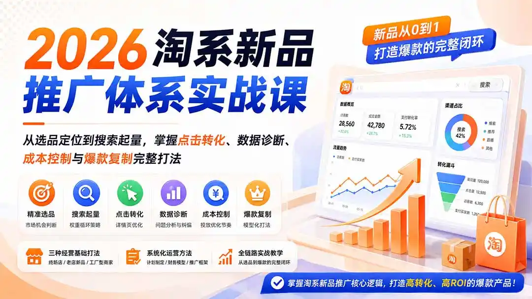 2026淘系新品推广体系实战课：从选品定位到搜索起量，掌握点击转化、数据诊断、成本控制与爆款复制完整打法-云网创