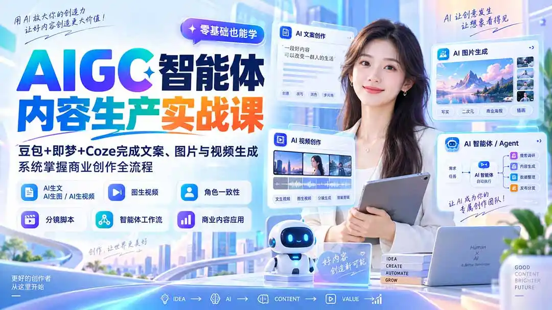 AIGC智能体内容生产实战课:豆包+即梦+Coze完成文案、图片与视频生成,系统掌握商业创作全流程-云网创