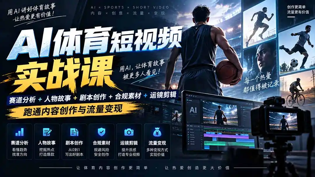 AI体育短视频赛道顶级玩法|赛道分析+人物故事+剧本创作+版权处理+运镜剪辑,跑通流量变现-日赚1K+-云网创