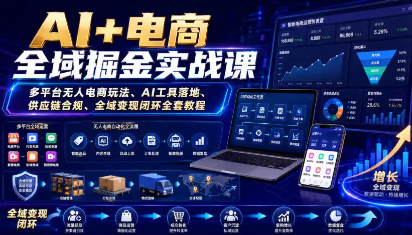 AI+电商全域掘金实战课｜多平台无人电商玩法、AI工具落地、供应链合规、全域变现闭环全套教程-云网创