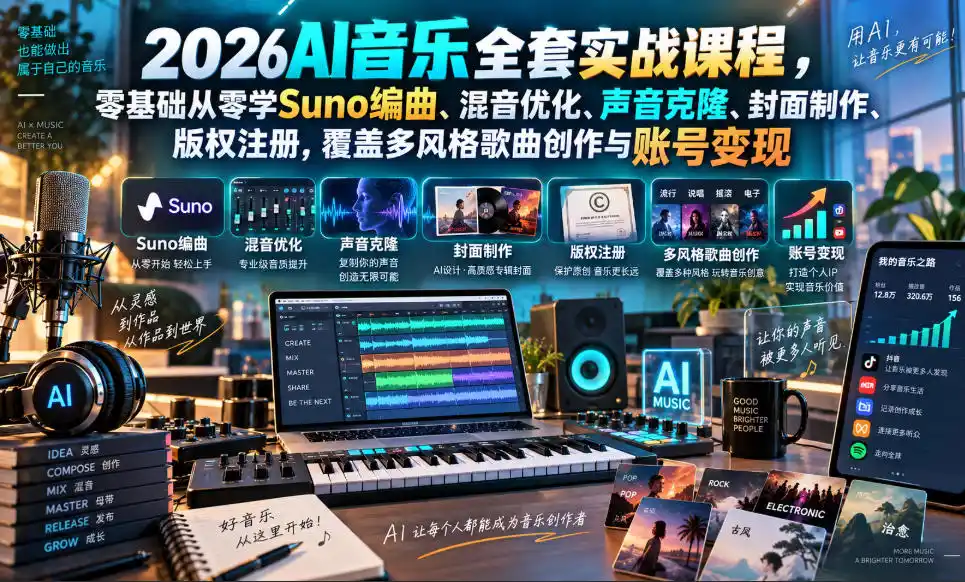 2026AI音乐实战课程,零基础从零学Suno编曲、混音优化、声音克隆、版权注册,覆盖多风格歌曲创作与账号变现-云网创