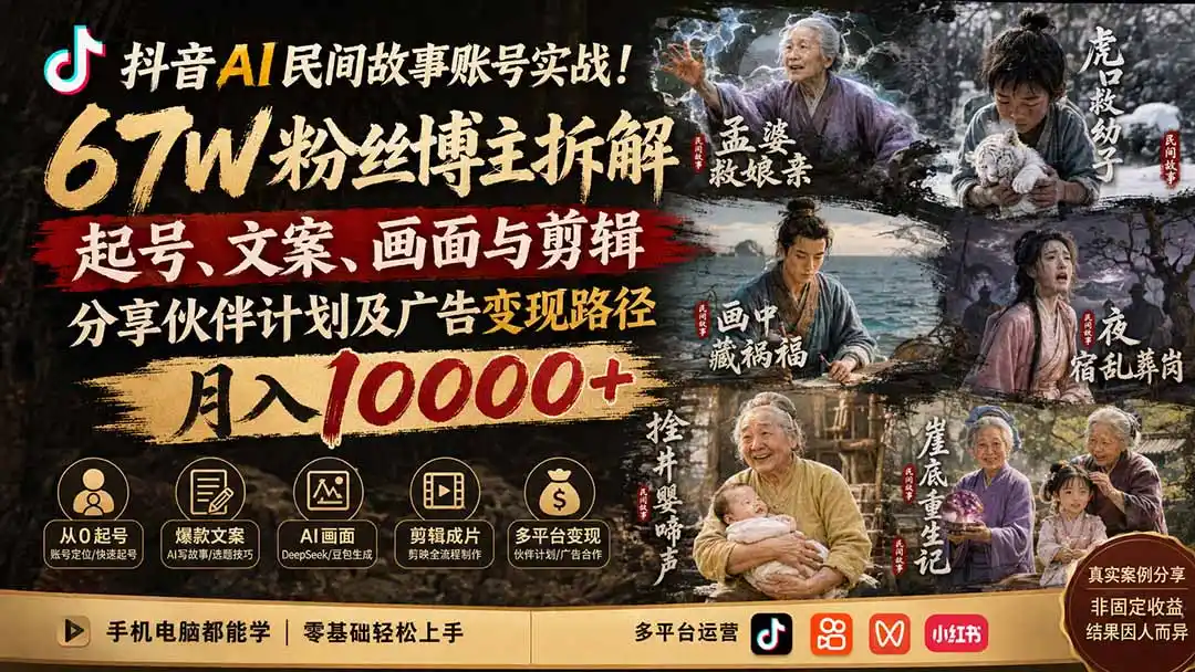 抖音AI民间故事账号实战！67W粉丝博主拆解起号、文案、画面与剪辑，分享伙伴计划及广告变现路径，月入10000+-云网创