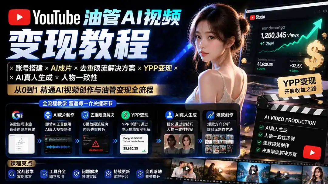 YouTube油管AI视频变现教程-更新:账号搭建×AI成片×去重限流解决方案×YPP变现×AI真人生成×人物一致性-云网创
