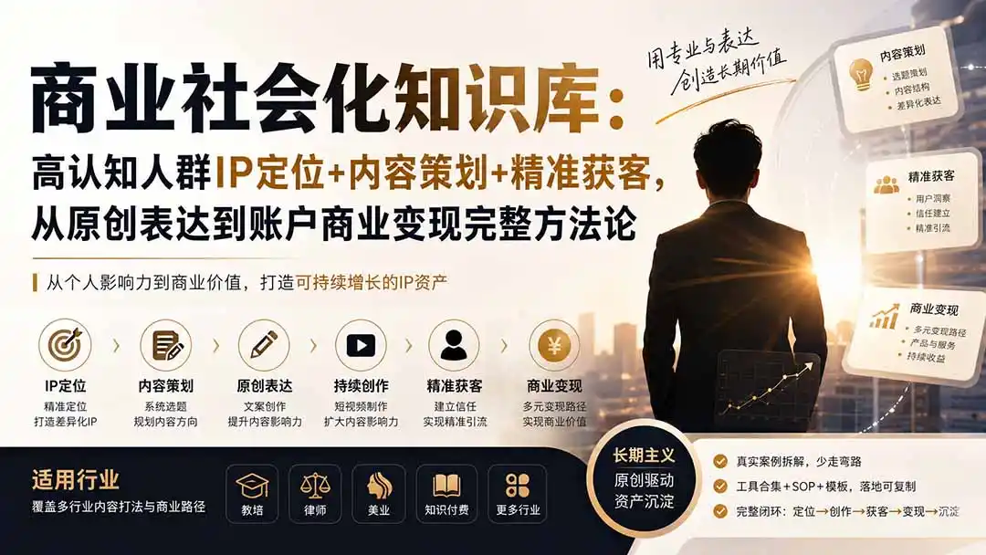 商业社会化知识库：高认知人群IP定位+内容策划+精准获客，从原创表达到账户商业变现完整方法论-云网创