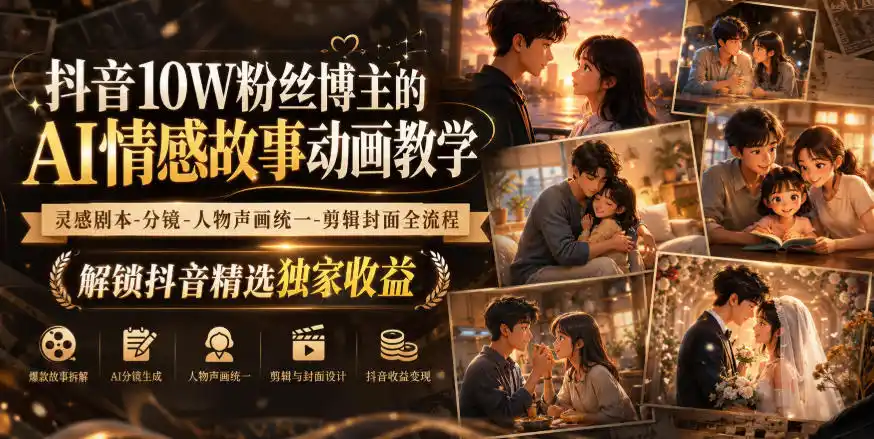 抖音10W粉丝博主的AI情感故事动画教学，灵感剧本‑分镜‑人物声画统一‑剪辑封面全流程，解锁抖音精选独家收益-云网创
