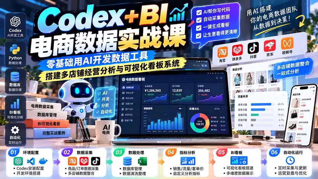 Codex+BI电商数据实战课:零基础用AI开发数据工具,搭建多店铺经营分析与可视化看板系统-云网创
