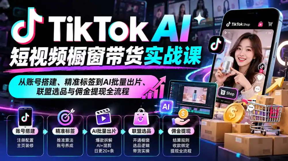 TikTok AI短视频橱窗带货实战课:从账号搭建、精准标签到AI批量出片、联盟选品与佣金提现全流程-云网创