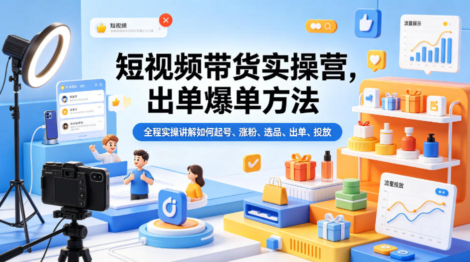 短视频带货实操营，出单爆单方法，全程实操讲解如何起号、涨粉、选品、出单、投放(更新0515)-云网创