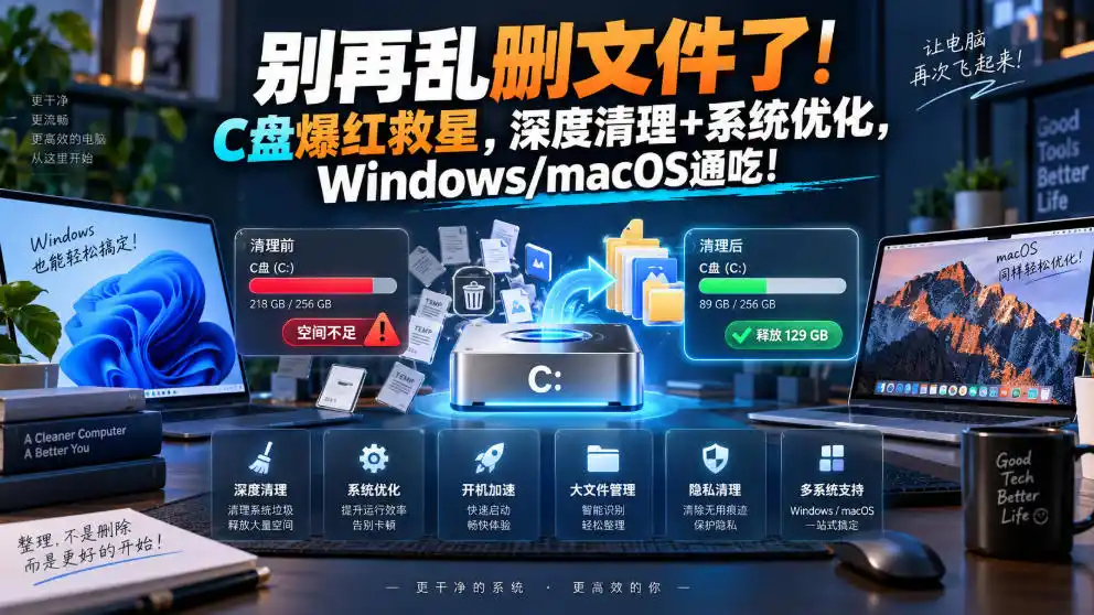 别再乱删文件了！C盘爆红救星，深度清理+系统优化，Windows/macOS通吃！-云网创