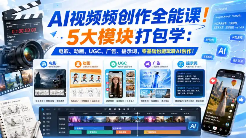 AI视频频创作全能课!5大模块打包学:电影、动画、UGC、广告、提示词,零基础也能玩转AI创作!【原创双语字幕】-云网创