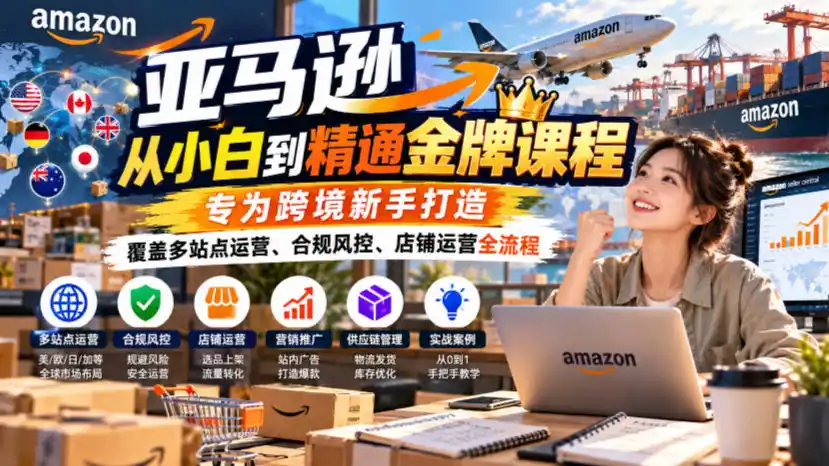 亚马逊从小白到精通金牌课程，专为跨境新手打造，覆盖多站点运营、合规风控、店铺运营全流程-云网创