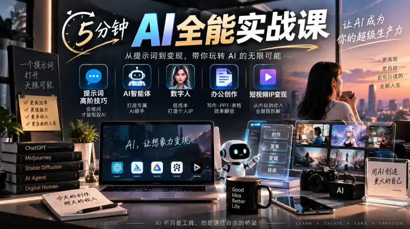 5分钟AI全能实战课|提示词高阶技巧+AI智能体+数字人+办公创作+短视频IP变现全教程-云网创