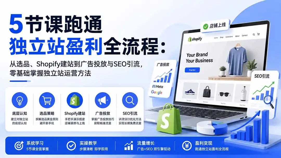 5节课跑通独立站盈利全流程：从选品、Shopify建站到广告投放与SEO引流，零基础掌握独立站运营方法-云网创