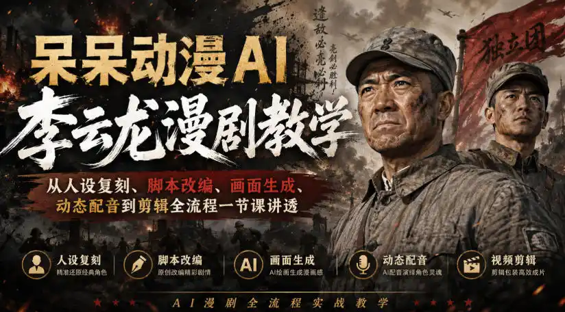 呆呆动漫AI李云龙漫剧教学，从人设复刻、脚本改编、画面生成、动态配音到剪辑全流程一节课讲透-云网创
