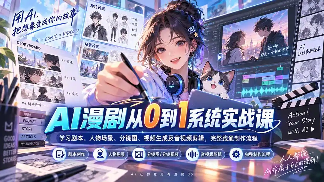 AI漫剧从0到1系统实战课:学习剧本、人物场景、分镜图、视频生成及音视频剪辑,完整跑通制作流程-云网创