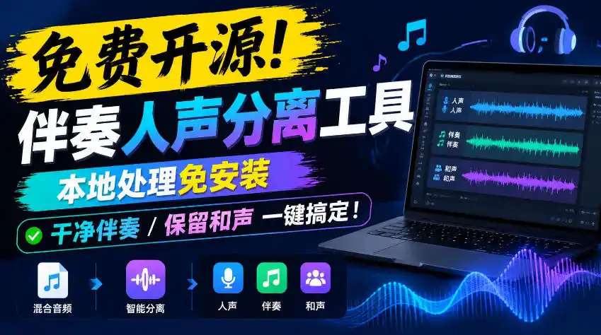 免费开源！伴奏人声分离工具，本地处理免安装，干净伴奏，保留和声一键搞定！-云网创