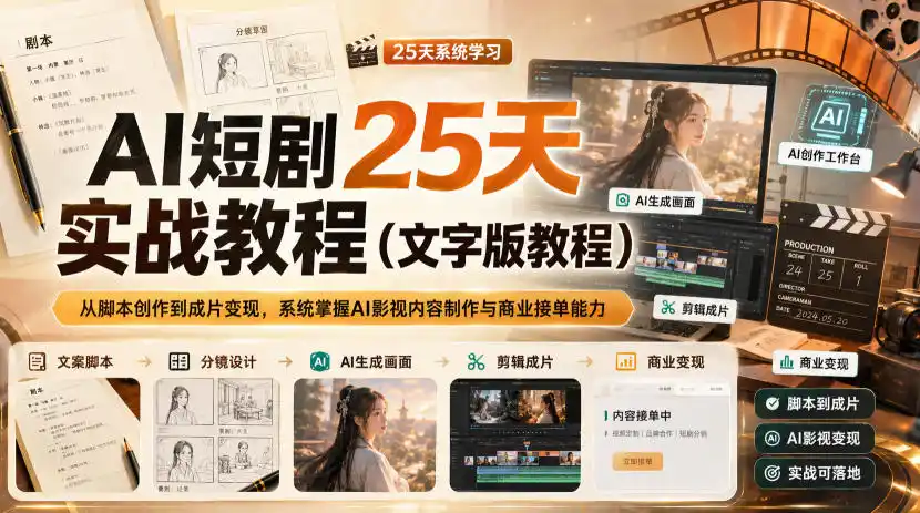 AI短剧25天实战教程(文字版教程),从脚本创作到成片变现,系统掌握AI影视内容制作与商业接单能力-云网创