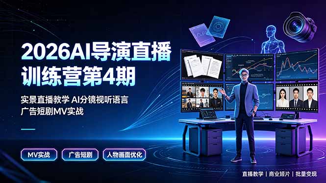 2026AI导演直播训练营第4期，实景直播教学AI分镜视听语言，广告短剧MV实战，解决人物画面崩坏痛点-云网创