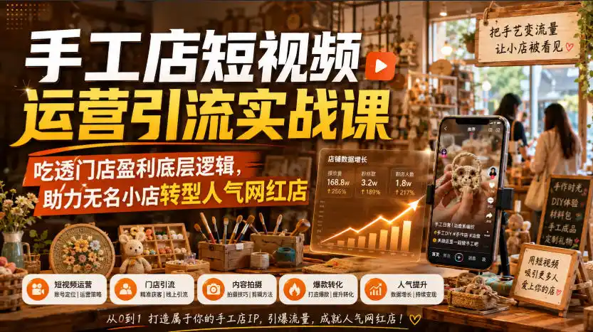 手工店短视频运营引流实战课，吃透门店盈利底层逻辑，助力无名小店转型人气网红店-云网创