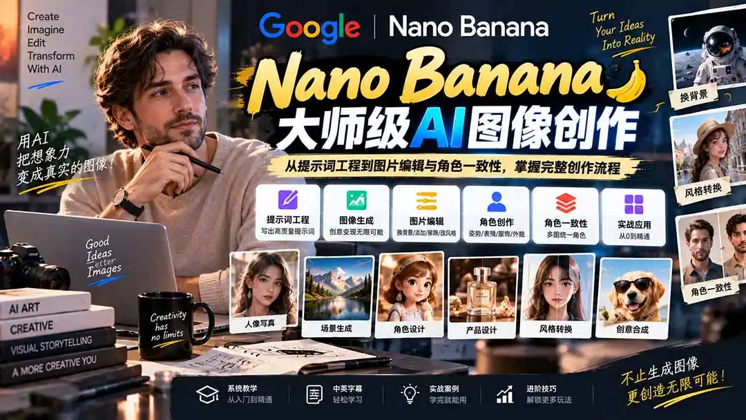 【无水印】Nano Banana大师级AI图像实战课:从提示词工程到图片编辑与角色一致性,掌握完整创作流程-云网创