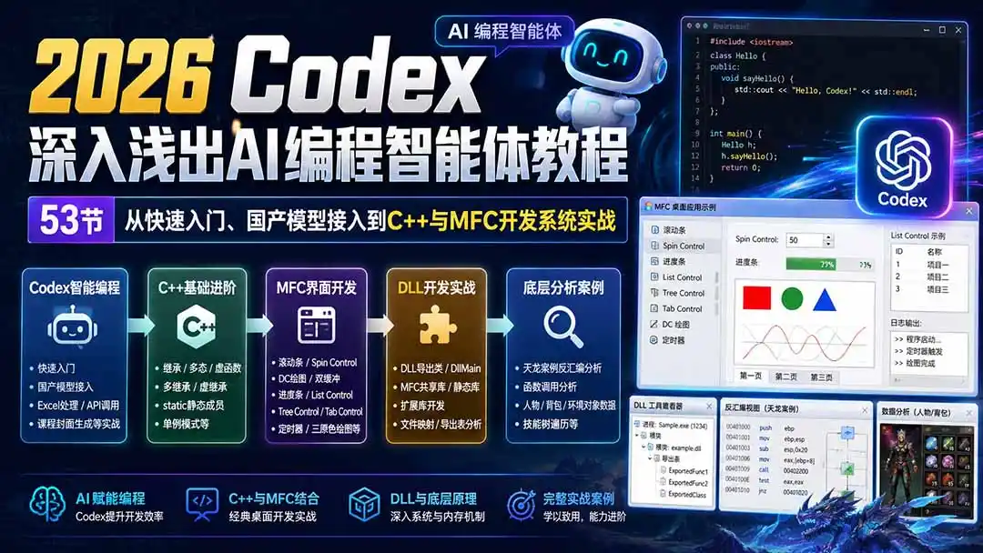 2026 Codex深入浅出AI编程智能体教程：53节从快速入门、国产模型接入到C++与MFC开发系统实战-云网创