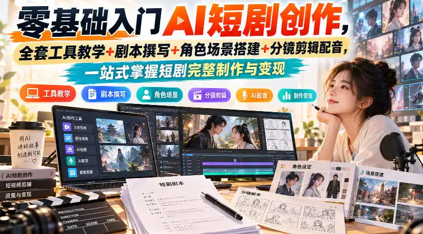 零基础入门AI短剧创作,全套工具教学+剧本撰写+角色场景搭建+分镜剪辑配音,一站式掌握短剧完整制作与变现-云网创