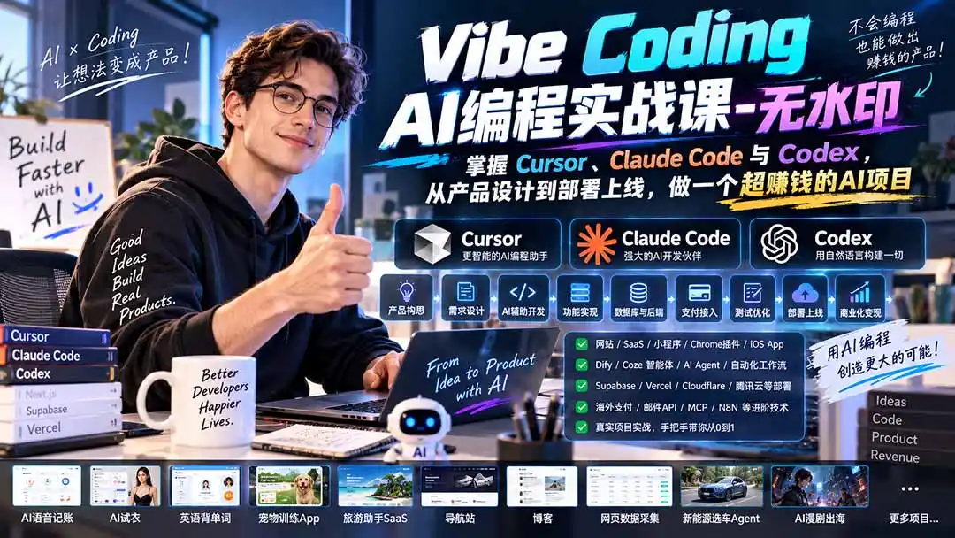 Vibe Coding AI编程实战课-无水印：掌握Cursor、Claude Code与Codex，从产品设计到部署上线，做一个超赚钱的AI项目-云网创