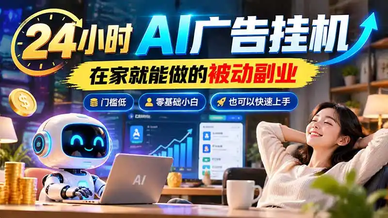 24小时AI广告挂机|在家就能做的被动副业,门槛低,零基础小白也可以快速上手-云网创