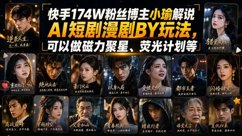 快手174W粉丝博主小瑜解说AI短剧漫剧搬运玩法,可以做磁力聚星、荧光计划等-云网创