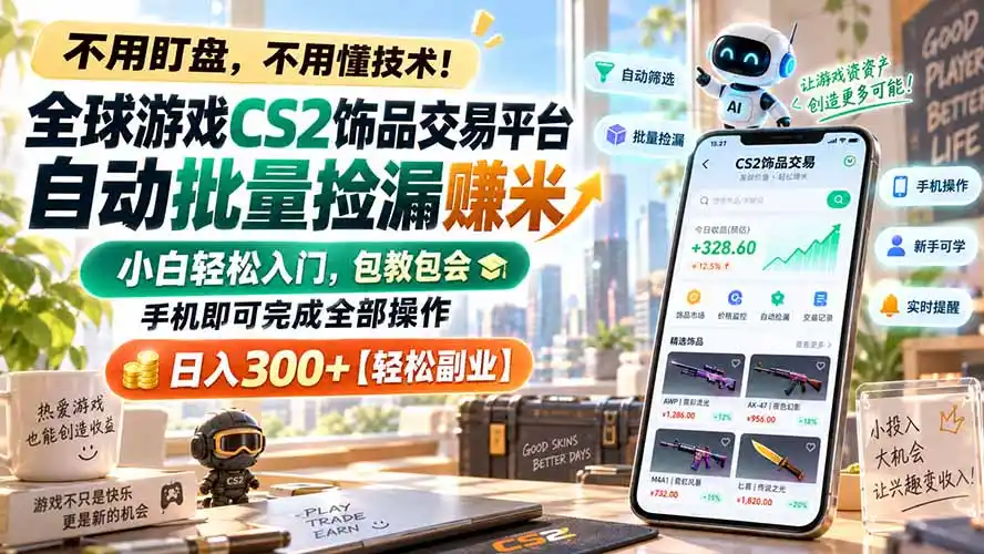 全球游戏CS2饰品交易平台自动批量捡漏赚米,小白轻松入门,包教包会,手机即可完成全部操作,日入300+【轻松副业】-云网创