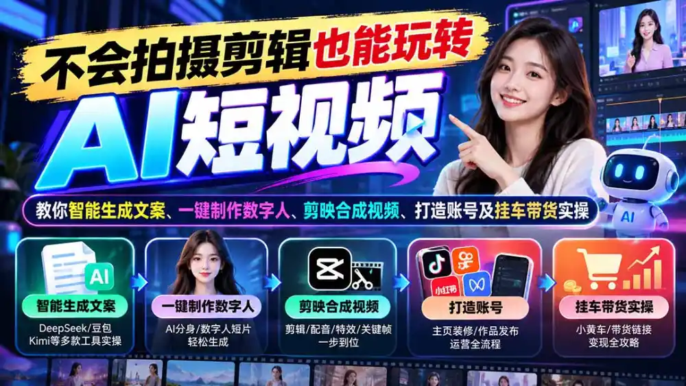 不会拍摄剪辑也能玩转AI短视频:教你智能生成文案、一键制作数字人、剪映合成视频、打造账号及挂车带货实操-云网创