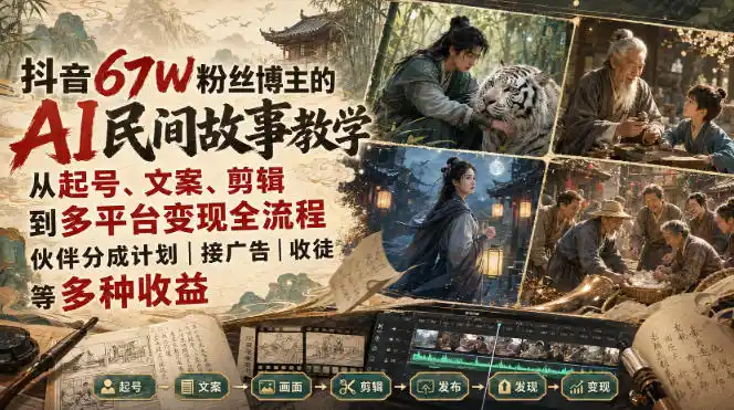 抖音67W粉丝博主的AI民间故事教学,从起号、文案、剪辑到多平台变现全流程,伙伴分成计划接广告等多种收益,月入1W+-云网创
