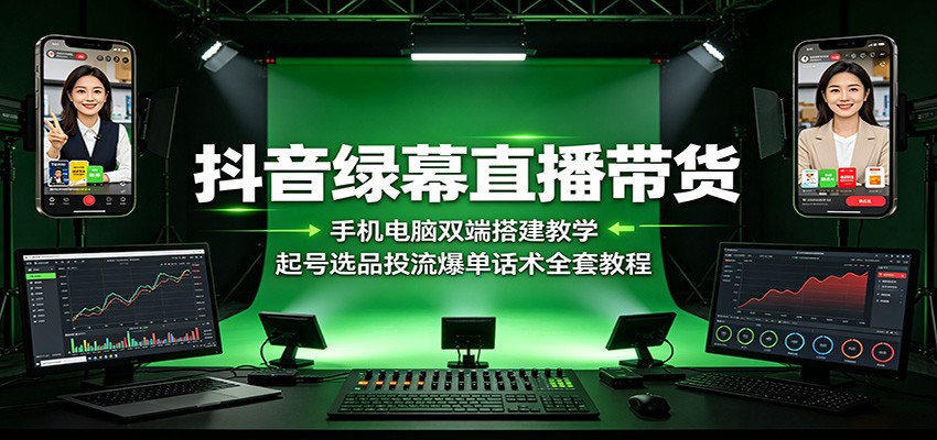 抖音绿幕直播带货：手机电脑双端搭建教学，起号选品投流爆单话术全套教程-云网创