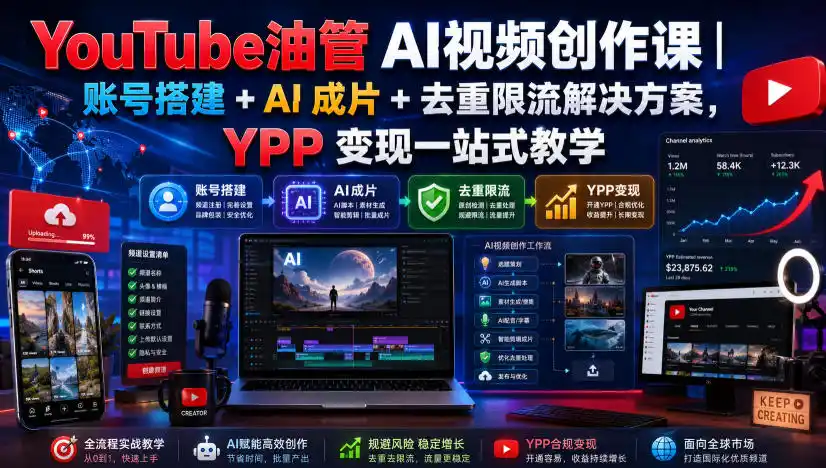 YouTube油管AI视频创作课|账号搭建+AI成片+去重限流解决方案,YPP变现一站式教学(更新0809)-云网创